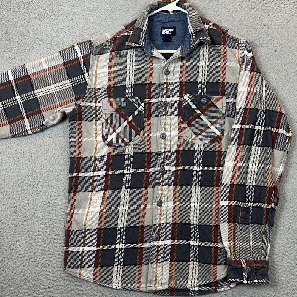 Lands End Shirt Mens Small Traditional Grey Plaid Flannel Button Up Long Sleeve